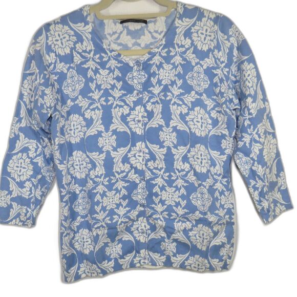 August Silk Brand Blue White Floral Lightweight Sweater Cardigan Size M - Picture 1 of 4